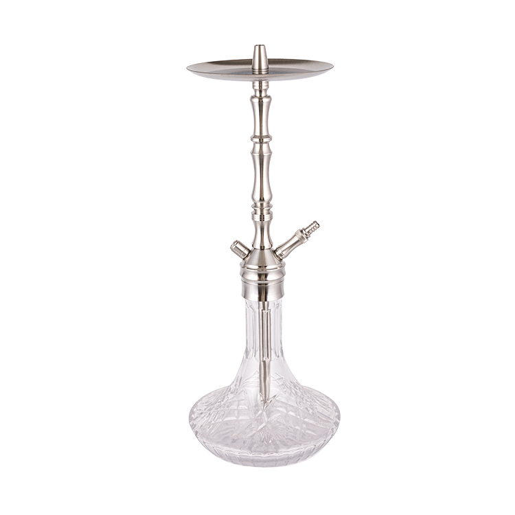 Cachimbo de água de dois furos em vidro transparente estampado prata aço inoxidável 64cm-1