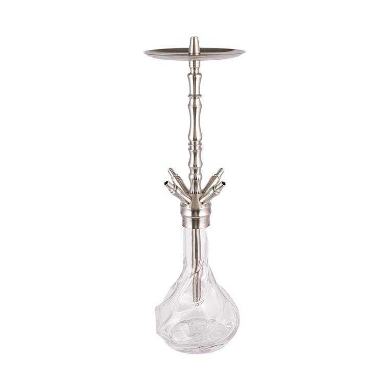 Cachimbo de água de quatro furos em aço inoxidável prateado de vidro transparente estampado 64 cm