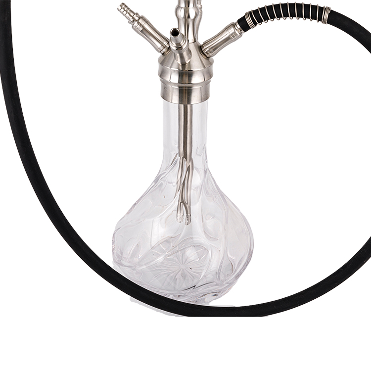 Cachimbo de água de quatro furos em aço inoxidável prateado de vidro transparente estampado 64 cm