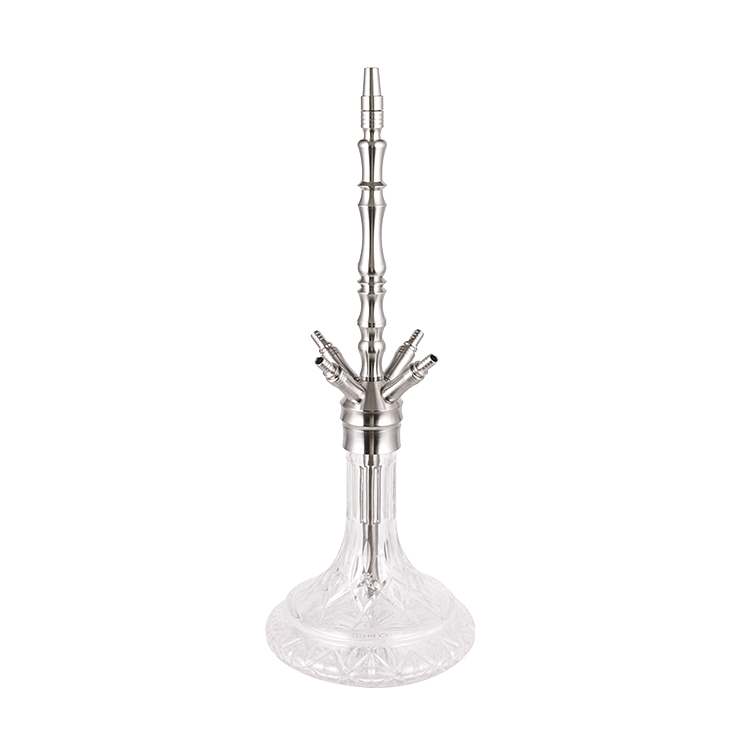 Cachimbo de água claro prateado de aço inoxidável e vidro com motivo de quatro furos 64cm