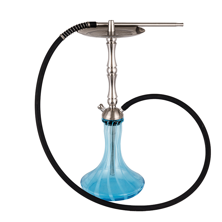 Cachimbo de água com furo duplo de aço inoxidável prata vidro azul 58cm