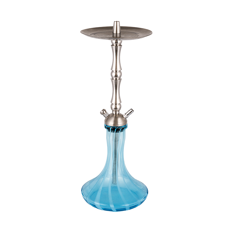 Cachimbo de água com furo duplo de aço inoxidável prata vidro azul 58cm