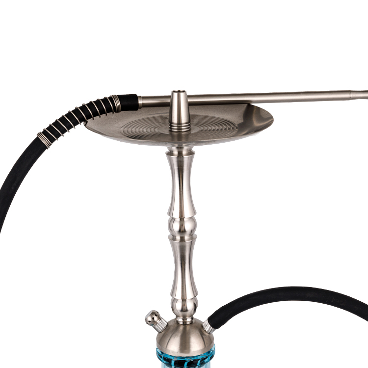 Cachimbo de água com furo duplo de aço inoxidável prata vidro azul 58cm